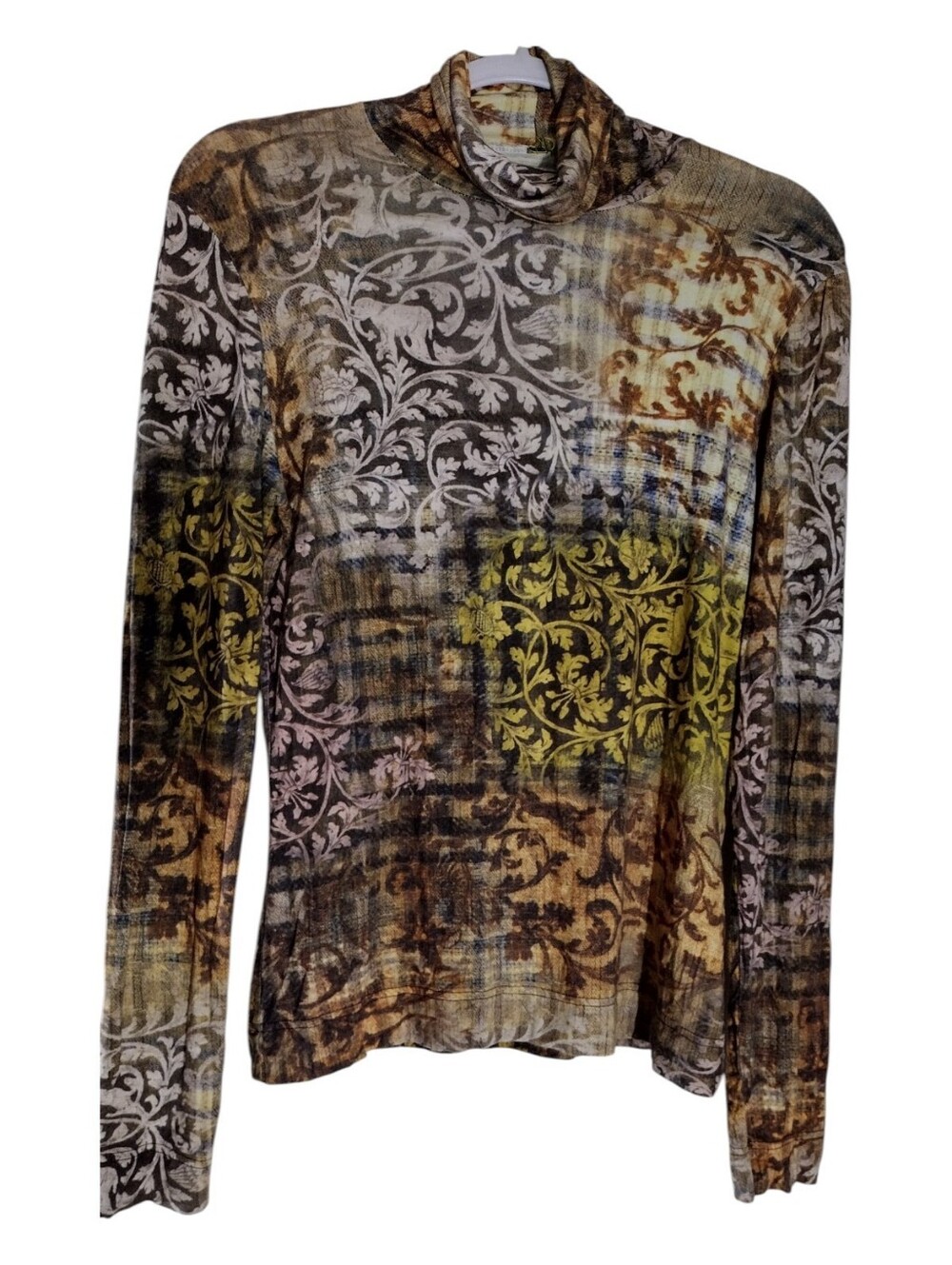Long Sleeve Floral Scroll Print Turtleneck Top - Multi